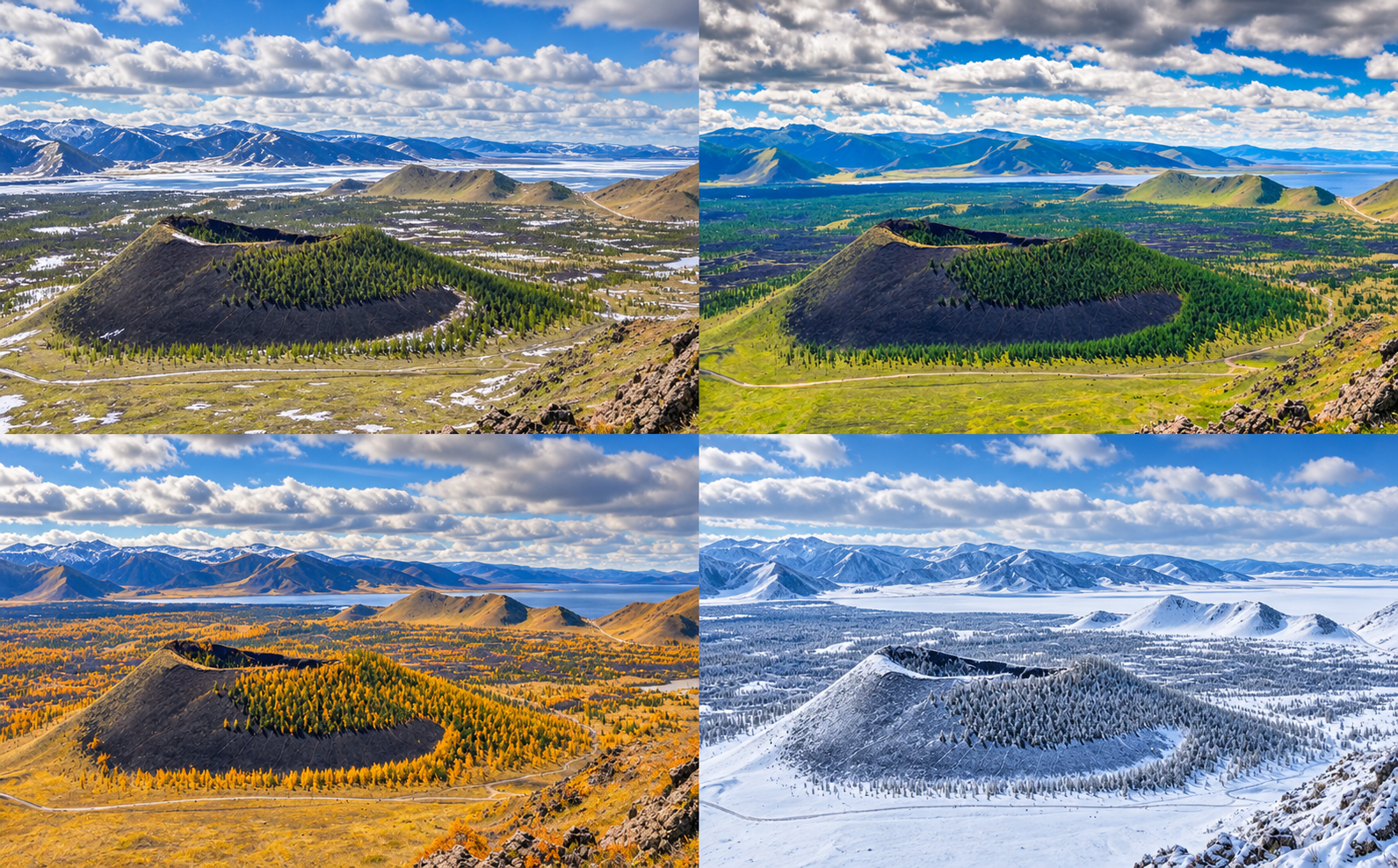 AI улирлын дүрслэл / AI seasonal illustration: spring, summer (top); autumn, winter (bottom).