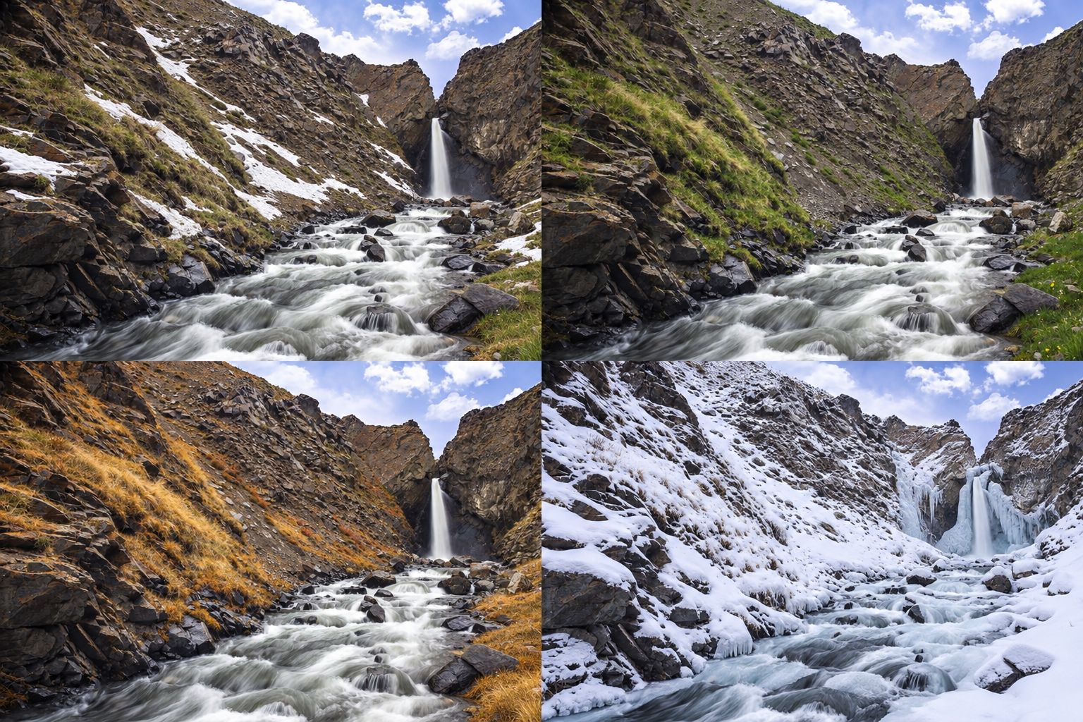 AI улирлын дүрслэл / AI seasonal illustration: spring, summer (top); autumn, winter (bottom).